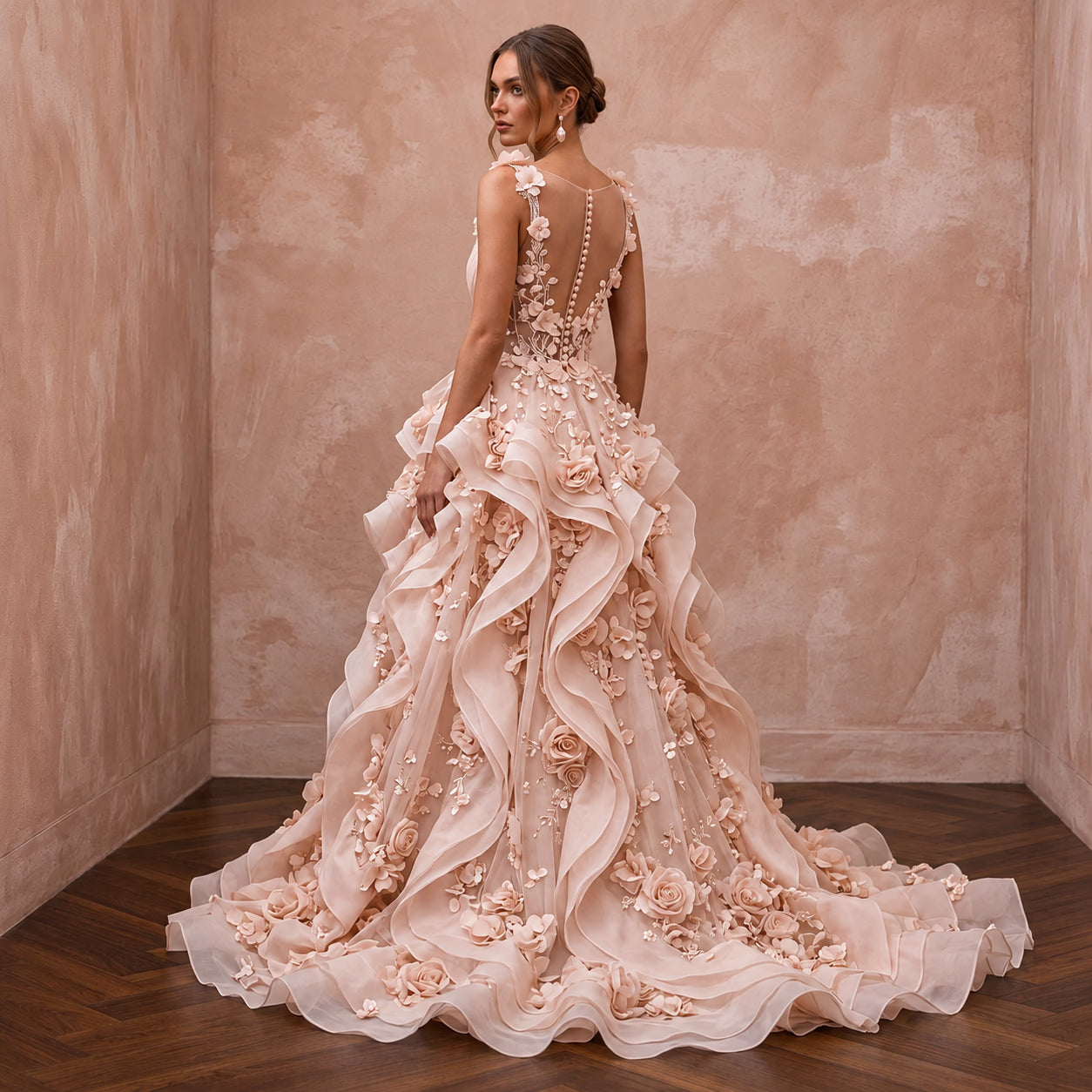 Romantic Blush Organza Ruffle Wedding Dress for Cliffside Vow Renewal Secondary image