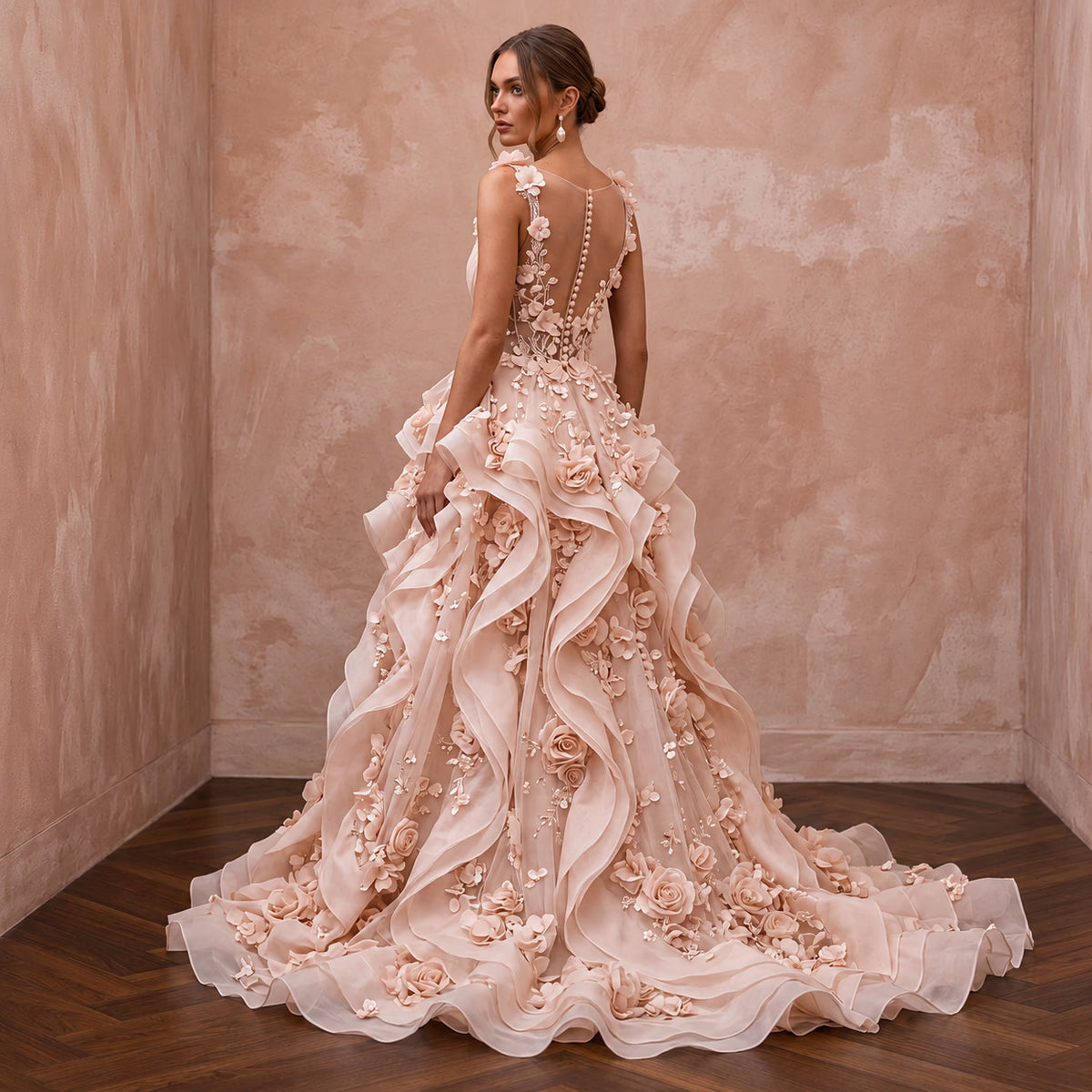 Romantic Blush Organza Ruffle Wedding Dress for Cliffside Vow Renewal