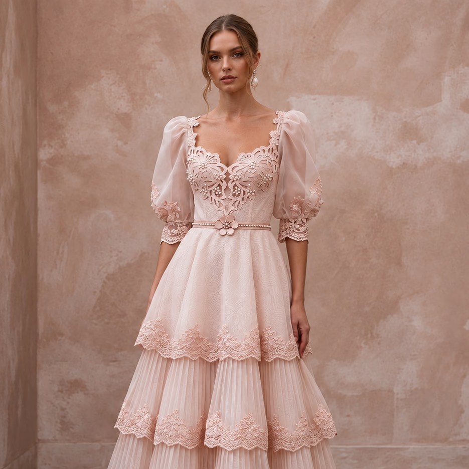 Romantic Blush Organza Tea-Length Bridal Gown for Bridal Shower