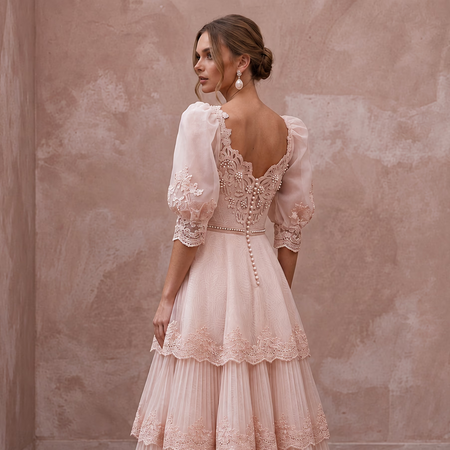 Romantic Blush Organza Tea-Length Bridal Gown for Bridal Shower