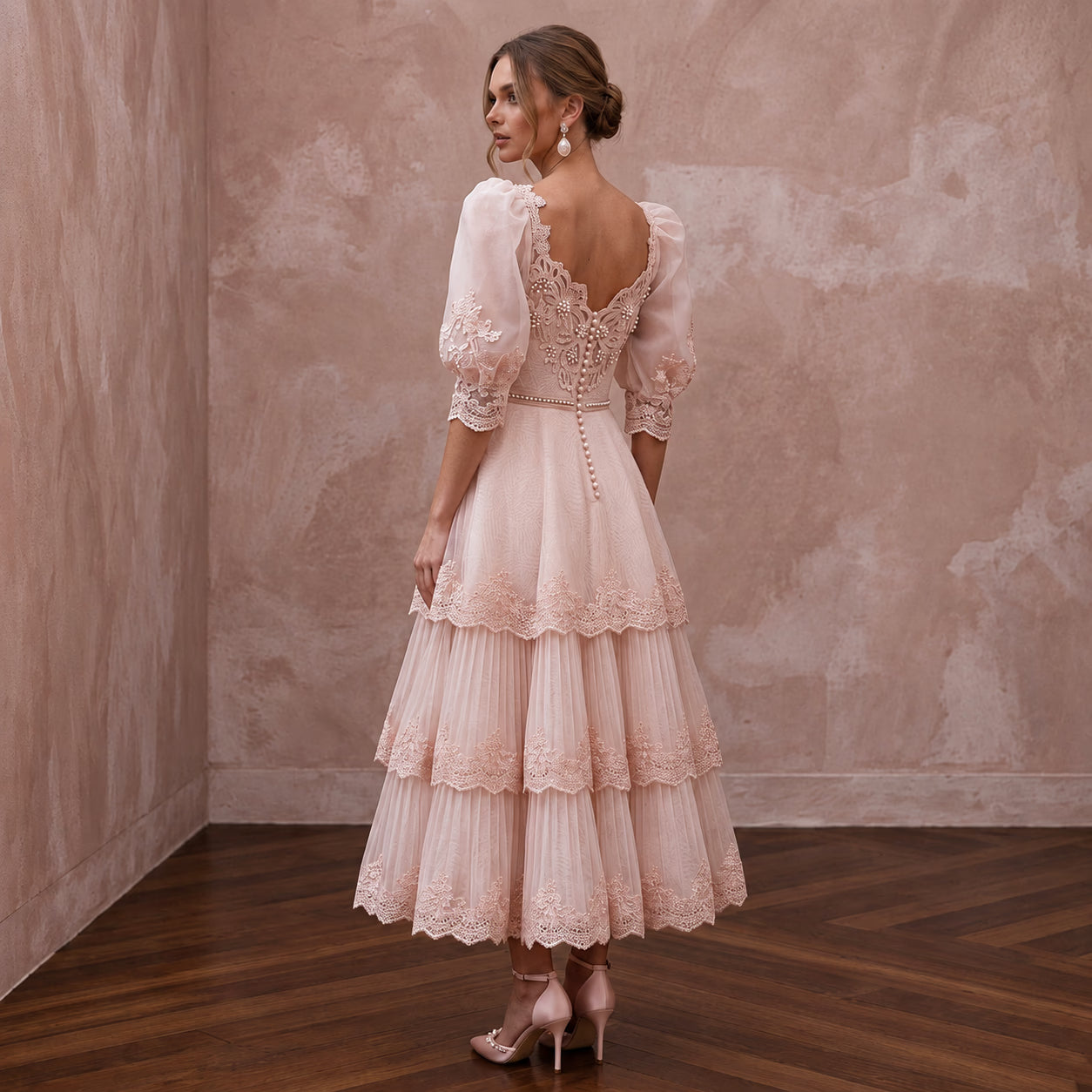 Romantic Blush Organza Tea-Length Bridal Gown for Bridal Shower Secondary image