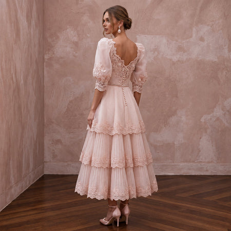 Romantic Blush Organza Tea-Length Bridal Gown for Bridal Shower