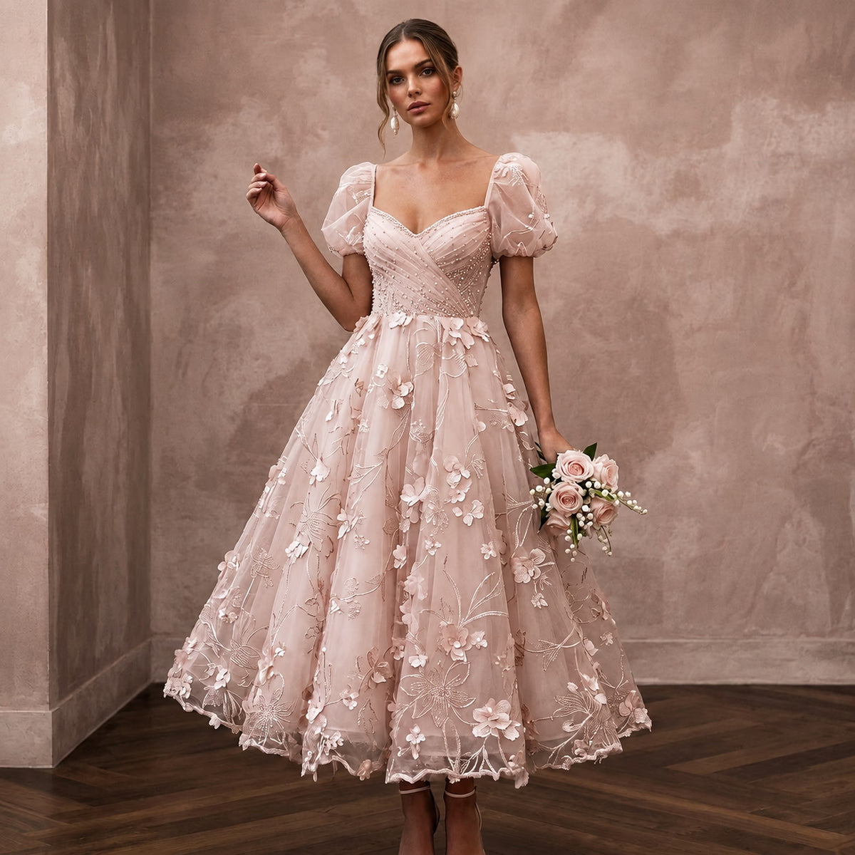 Romantic Blush Organza Tea - Length Dress for Bridal Shower - Apparel & Accessories > Clothing > Wedding & Bridal Party Dresses > Wedding Dresses - Mignonette Bridal Main image
