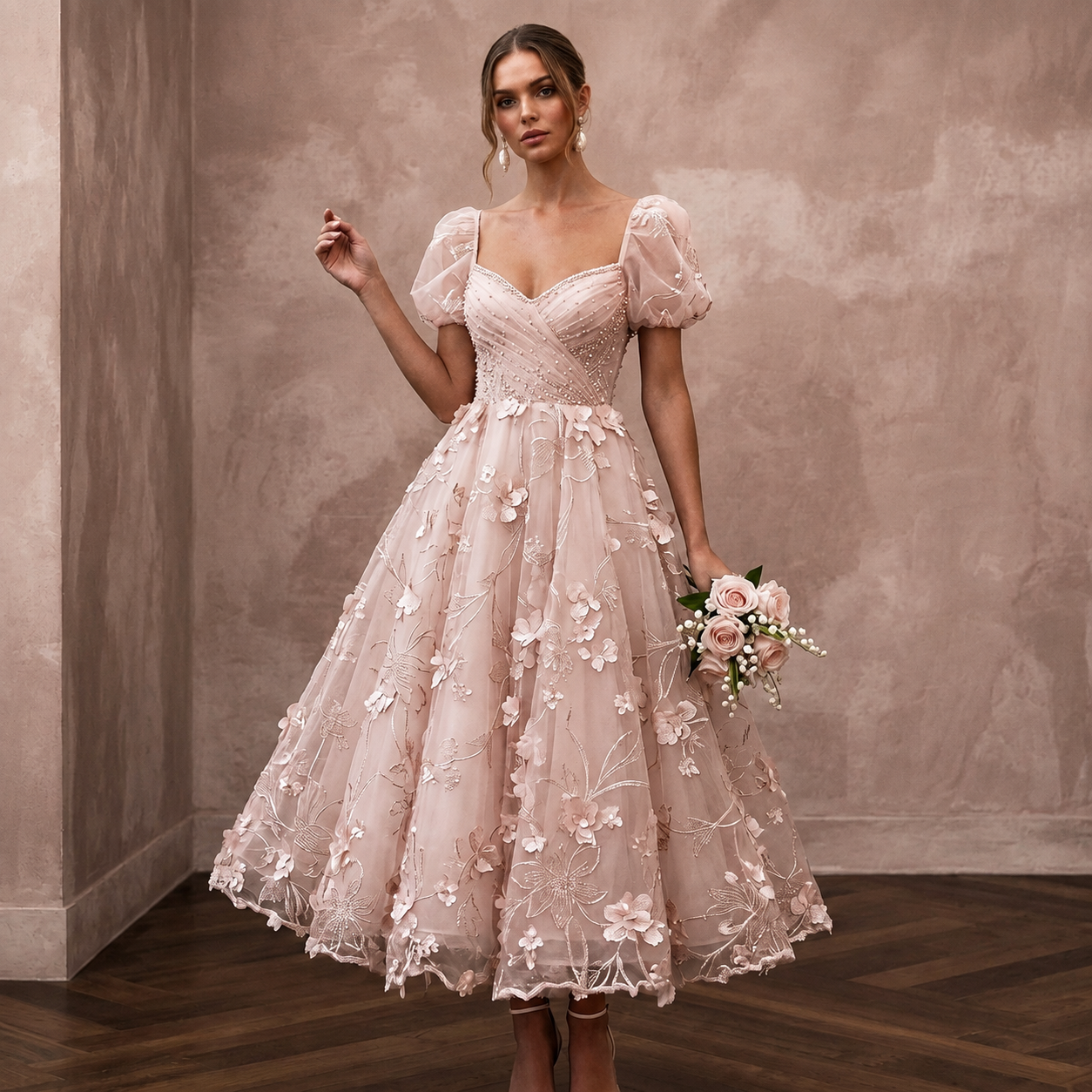 Romantic Blush Organza Tea-Length Dress for Bridal Shower