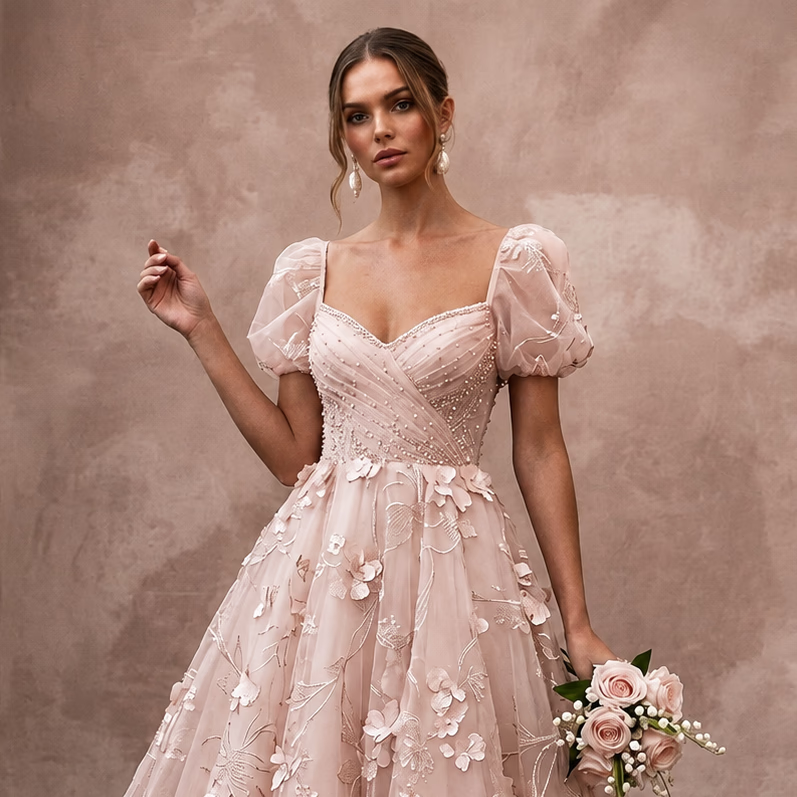Romantic Blush Organza Tea - Length Dress for Bridal Shower - Apparel & Accessories > Clothing > Wedding & Bridal Party Dresses > Wedding Dresses - Mignonette Bridal