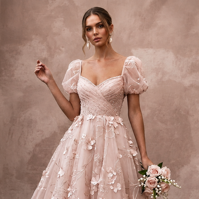 Romantic Blush Organza Tea-Length Dress for Bridal Shower