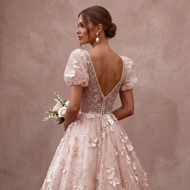 Romantic Blush Organza Tea-Length Dress for Bridal Shower
