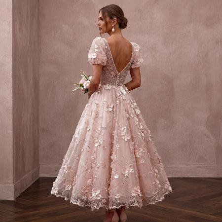 Romantic Blush Organza Tea - Length Dress for Bridal Shower - Apparel & Accessories > Clothing > Wedding & Bridal Party Dresses > Wedding Dresses - Mignonette Bridal