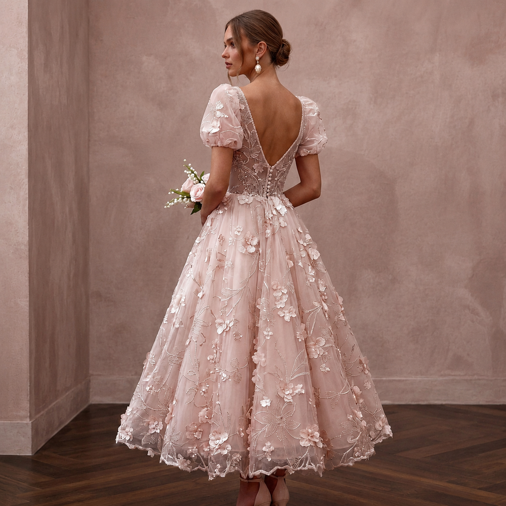 Romantic Blush Organza Tea-Length Dress for Bridal Shower