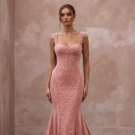 Romantic Blush Velvet Fit-and-Flare Wedding Dress for Valentine's Day Vow Renewal