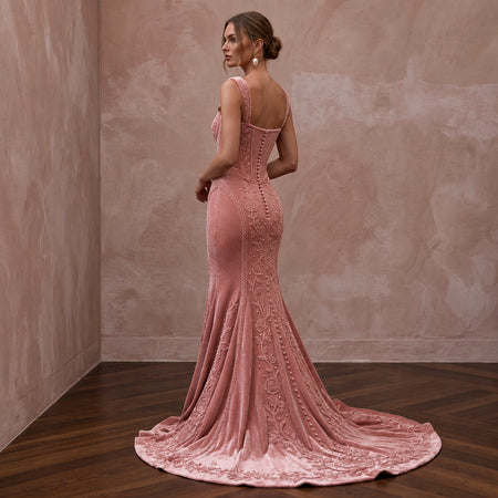 Romantic Blush Velvet Fit-and-Flare Wedding Dress for Valentine's Day Vow Renewal