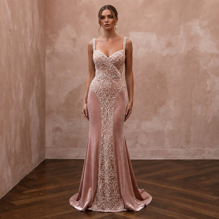 Romantic Blush Velvet Fit - and - Flare for Valentine's Day Vow Renewal - Apparel & Accessories > Clothing > Wedding & Bridal Party Dresses > Wedding Dresses - Mignonette Bridal