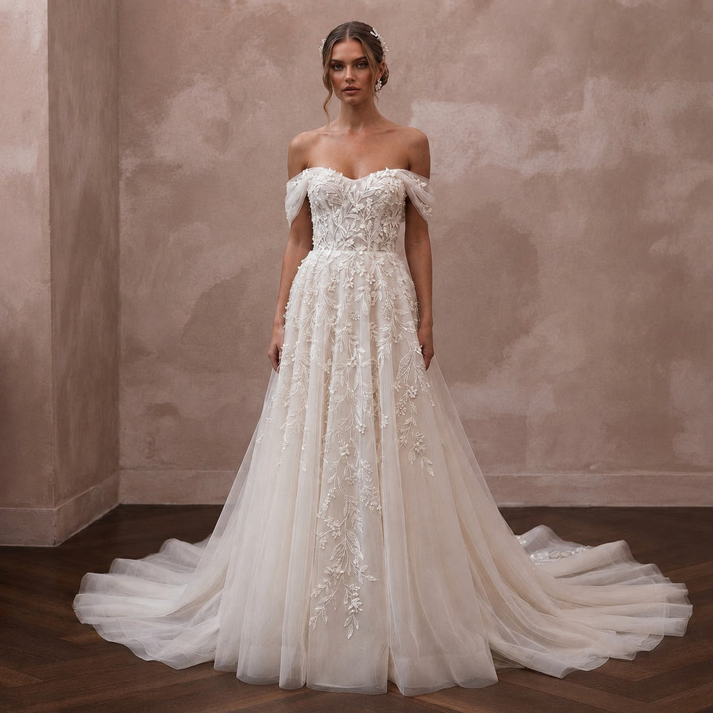 Romantic Botanical Wedding Dress with Soft Tulle and Chapel Train