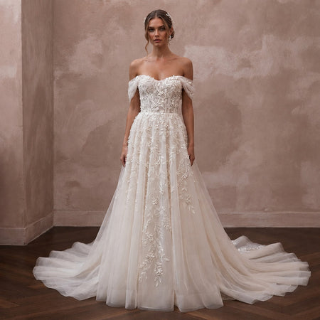 Romantic Botanical Wedding Dress with Soft Tulle and Chapel Train