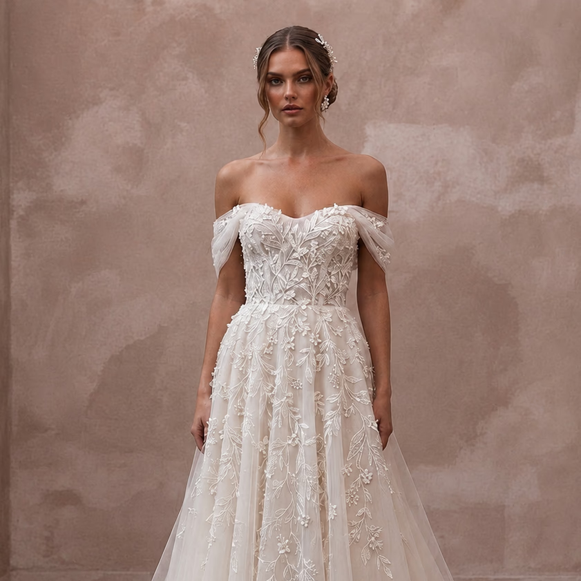 Romantic Botanical Wedding Dress with Soft Tulle and Chapel Train