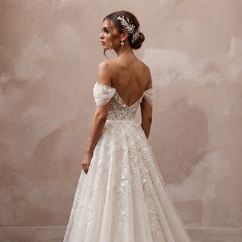 Romantic Botanical Wedding Dress with Soft Tulle and Chapel Train