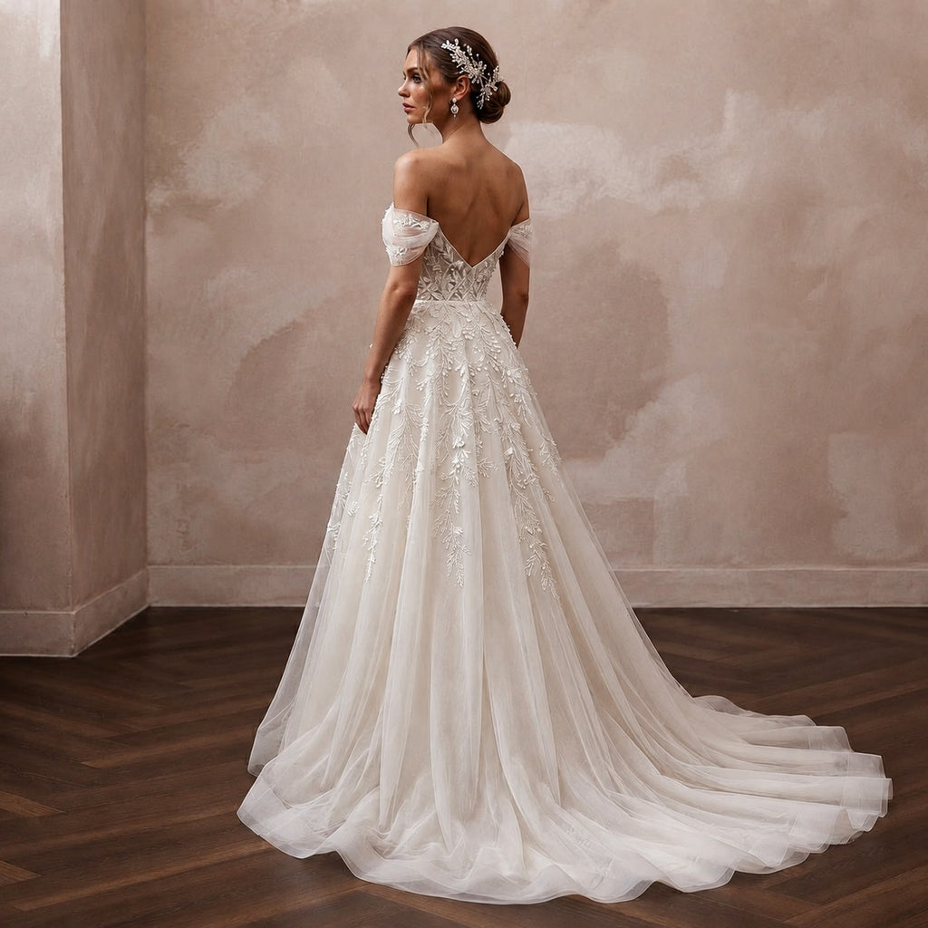 Romantic Botanical Wedding Dress with Soft Tulle and Chapel Train