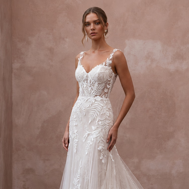 Romantic Bridal Dresses with Botanical Lace Trains - Apparel & Accessories > Clothing > Wedding & Bridal Party Dresses > Wedding Dresses - Mignonette Bridal