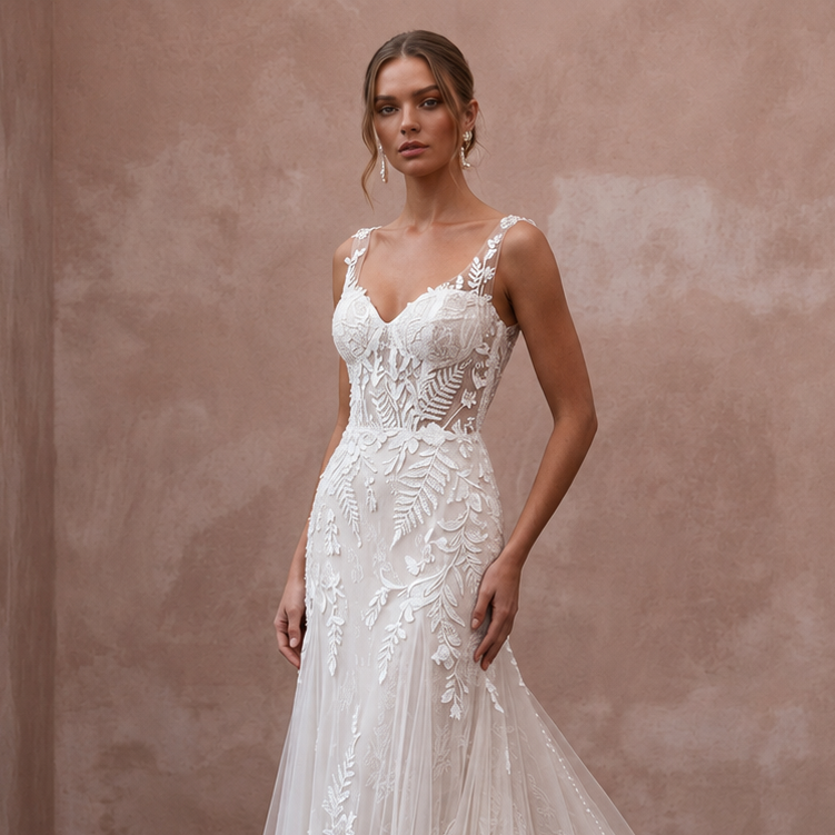 Romantic Bridal Dresses with Botanical Lace Trains