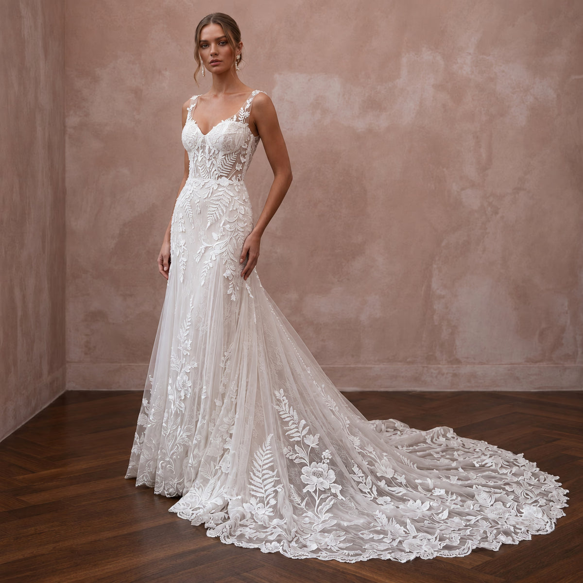 Romantic Bridal Dresses with Botanical Lace Trains - Apparel & Accessories > Clothing > Wedding & Bridal Party Dresses > Wedding Dresses - Mignonette Bridal Main image