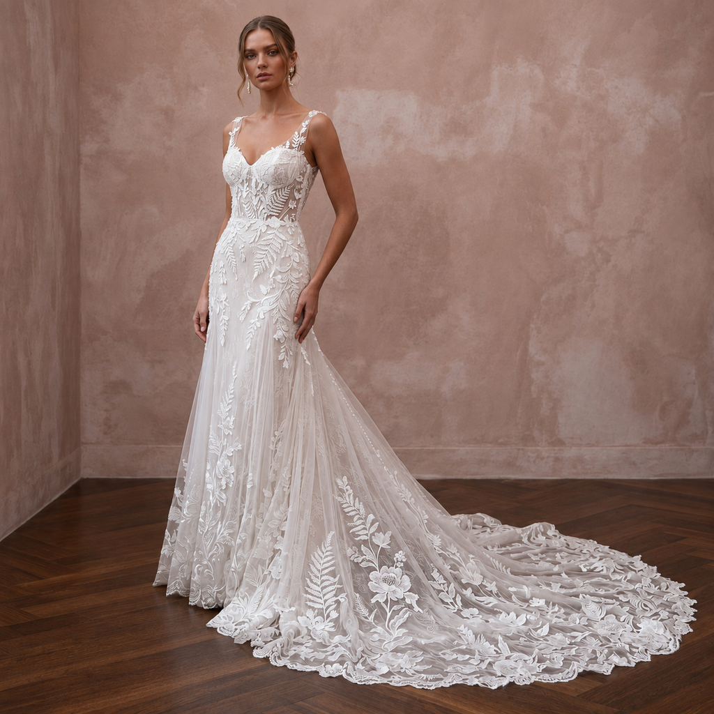 Romantic Bridal Dresses with Botanical Lace Trains