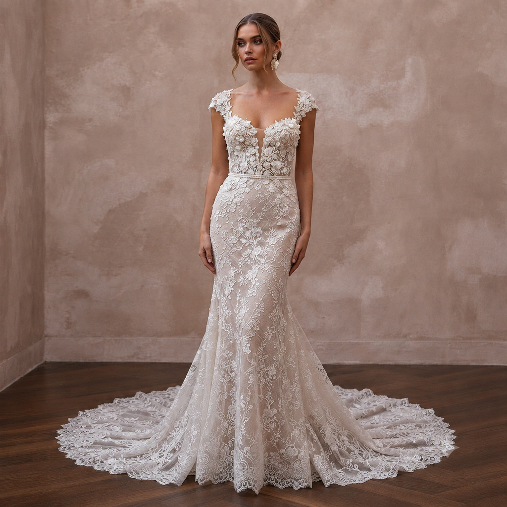 Romantic Chantilly Lace Bridal Gowns with Floral Details