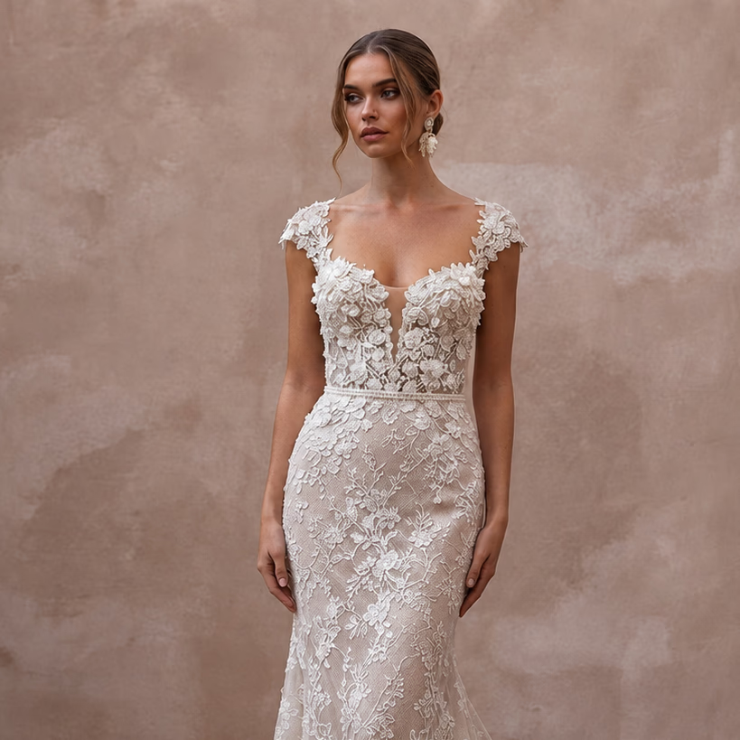 Romantic Chantilly Lace Bridal Gowns with Floral Details - Apparel & Accessories > Clothing > Wedding & Bridal Party Dresses > Wedding Dresses - Mignonette Bridal