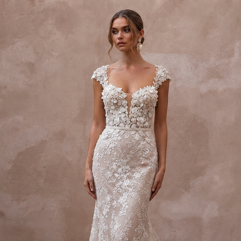 Romantic Chantilly Lace Bridal Gowns with Floral Details
