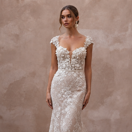 Romantic Chantilly Lace Bridal Gowns with Floral Details
