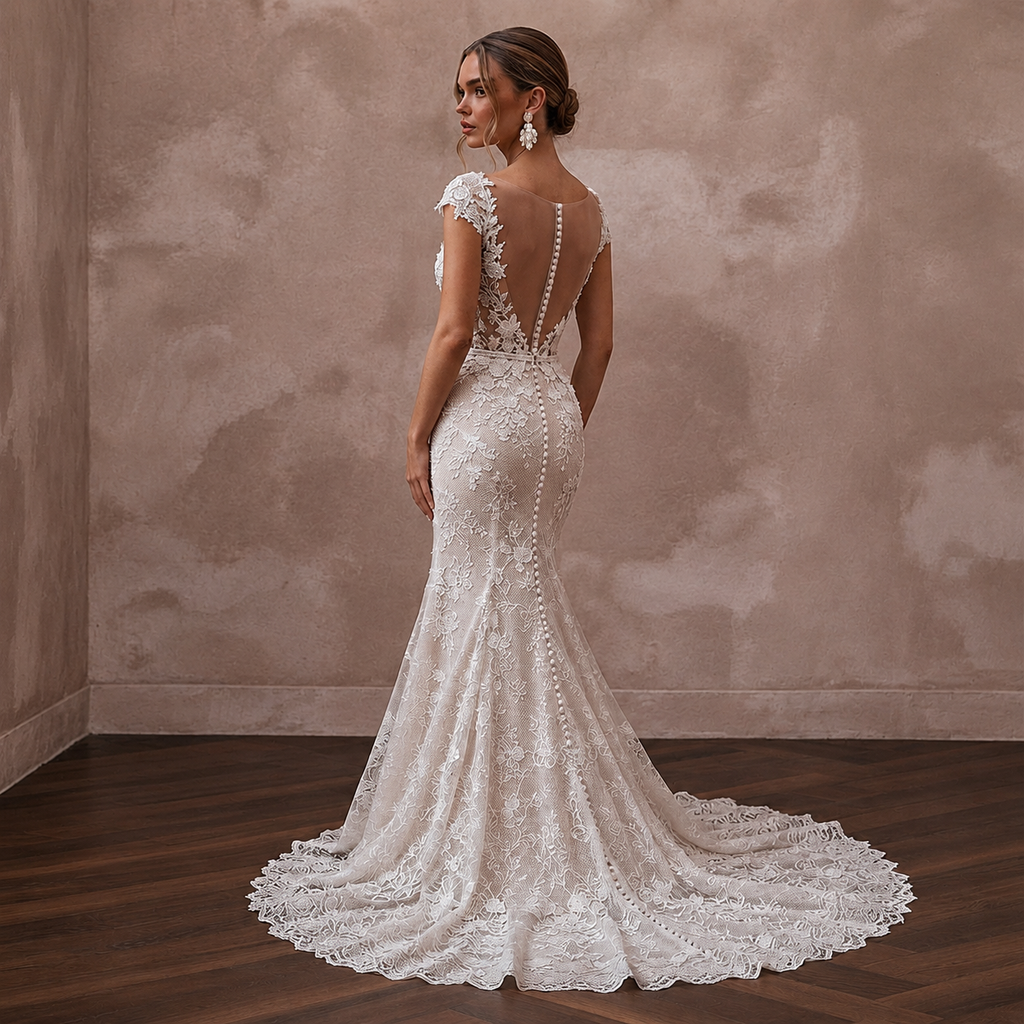 Romantic Chantilly Lace Bridal Gowns with Floral Details