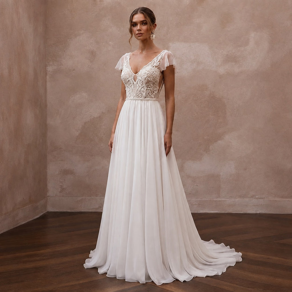 Romantic Chiffon A-Line Wedding Dress for a Beach Wedding