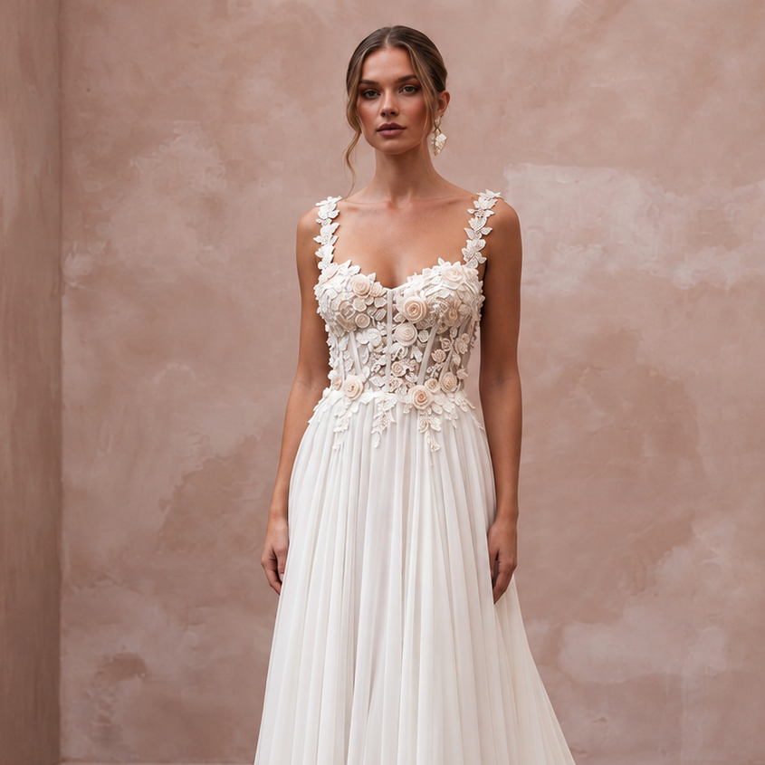 Romantic Chiffon Bridal Dress with Floral Bodice