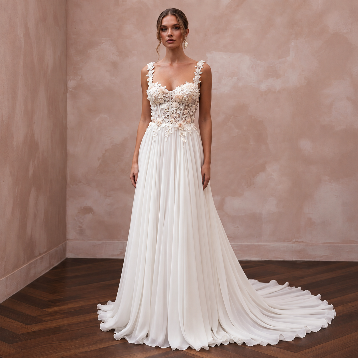 Romantic Chiffon Bridal Dress with Floral Bodice