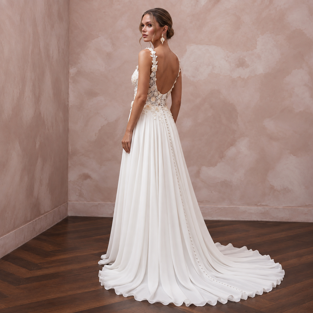 Romantic Chiffon Bridal Dress with Floral Bodice
