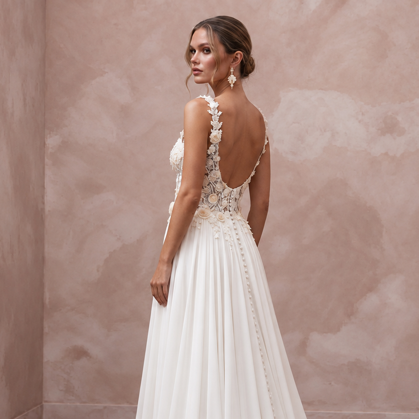 Romantic Chiffon Bridal Dress with Floral Bodice