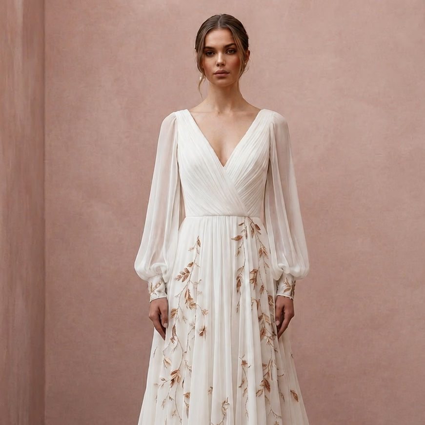 Romantic Chiffon Bridal Gown for an Autumn Ceremony