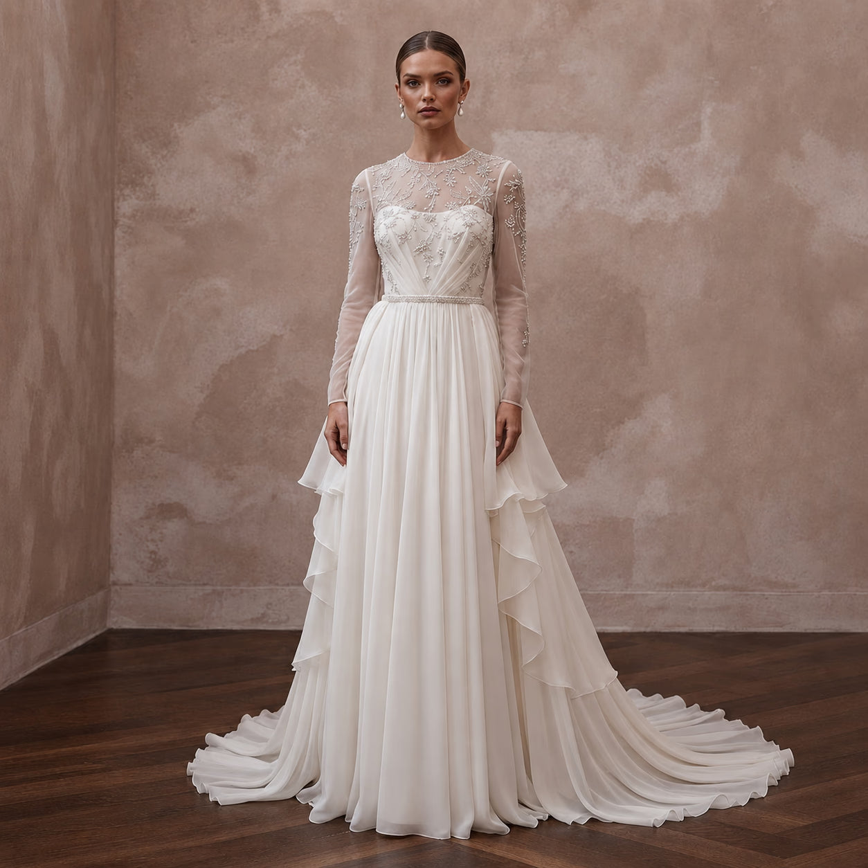 Romantic Chiffon Bridal Gown with Detachable Train