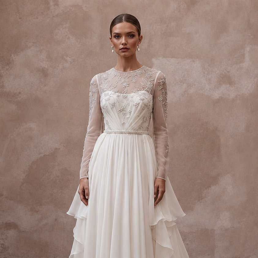 Romantic Chiffon Bridal Gown with Detachable Train