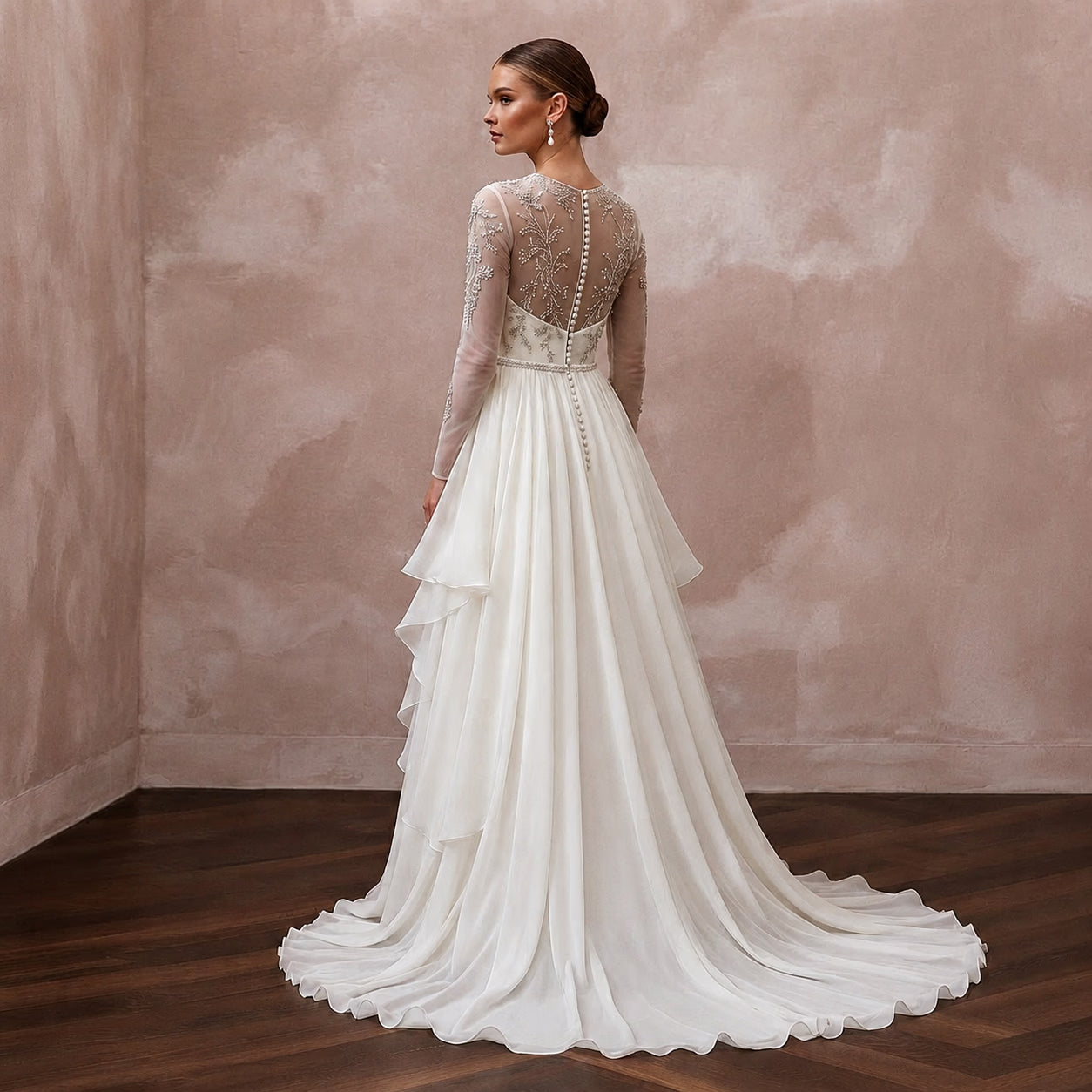 Romantic Chiffon Bridal Gown with Detachable Train