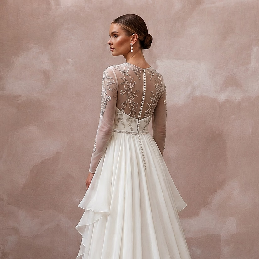 Romantic Chiffon Bridal Gown with Detachable Train