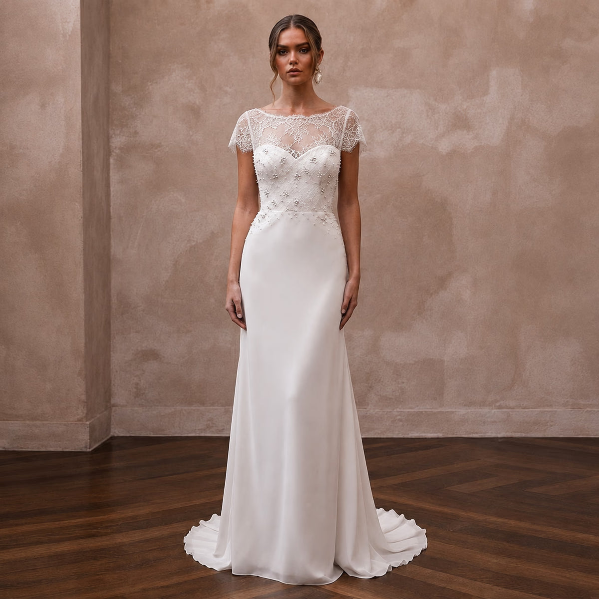 Romantic Chiffon Sheath Wedding Dress with Short Sleeves - Apparel & Accessories > Clothing > Wedding & Bridal Party Dresses > Wedding Dresses - Mignonette Bridal Main image