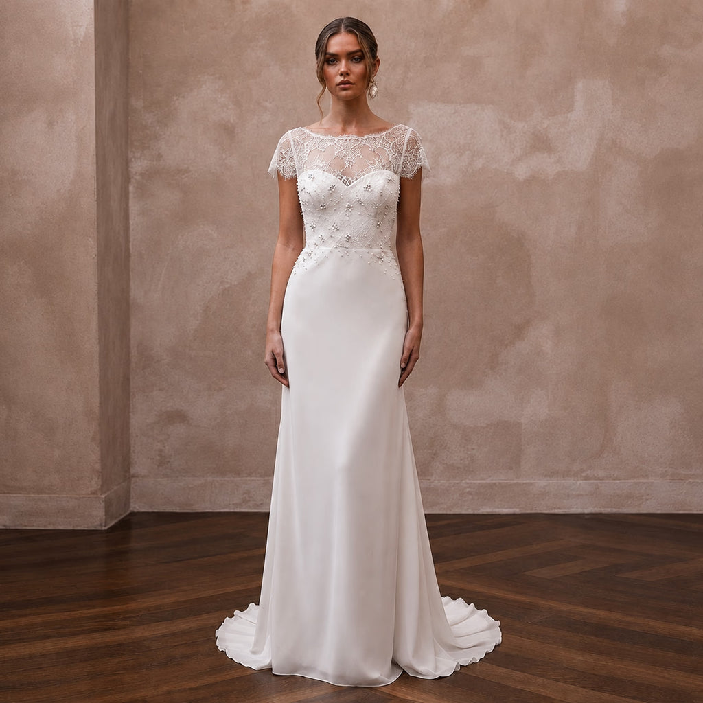 Romantic Chiffon Sheath Wedding Dress with Short Sleeves - Apparel & Accessories > Clothing > Wedding & Bridal Party Dresses > Wedding Dresses - Mignonette Bridal