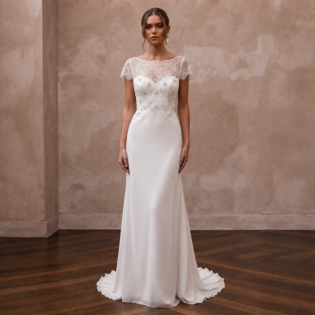 Romantic Chiffon Sheath Wedding Dress with Short Sleeves - Apparel & Accessories > Clothing > Wedding & Bridal Party Dresses > Wedding Dresses - Mignonette Bridal