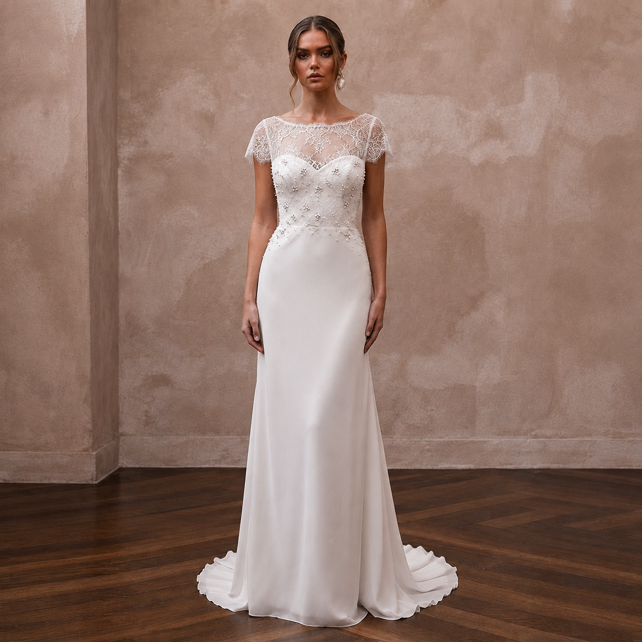 Romantic Chiffon Sheath Wedding Dress with Short Sleeves - Apparel & Accessories > Clothing > Wedding & Bridal Party Dresses > Wedding Dresses - Mignonette Bridal
