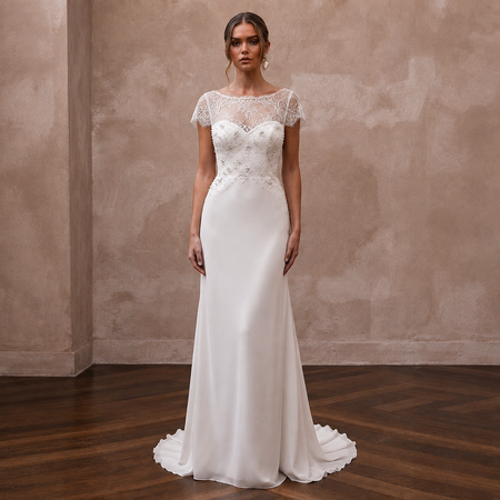 Romantic Chiffon Sheath Wedding Dress with Short Sleeves - Apparel & Accessories > Clothing > Wedding & Bridal Party Dresses > Wedding Dresses - Mignonette Bridal