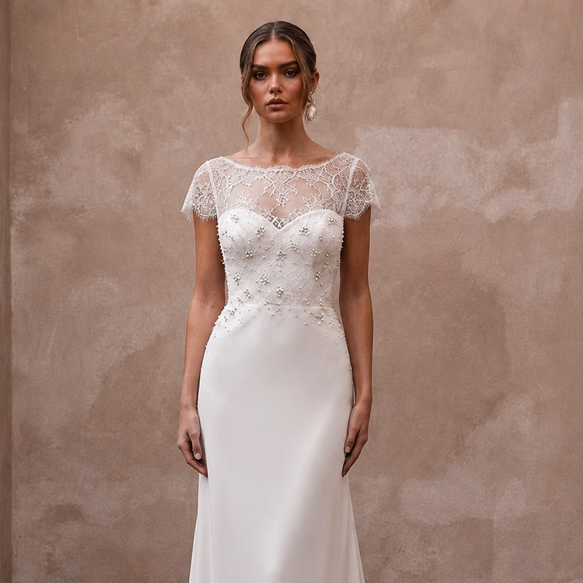 Romantic Chiffon Sheath Wedding Dress with Short Sleeves - Apparel & Accessories > Clothing > Wedding & Bridal Party Dresses > Wedding Dresses - Mignonette Bridal