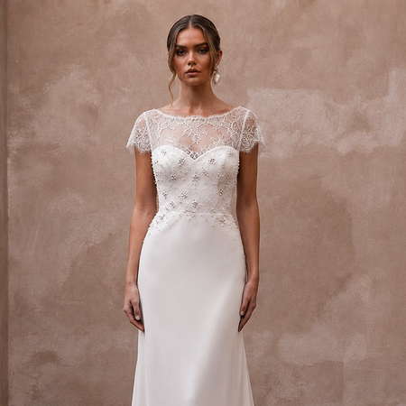 Romantic Chiffon Sheath Wedding Dress with Short Sleeves - Apparel & Accessories > Clothing > Wedding & Bridal Party Dresses > Wedding Dresses - Mignonette Bridal