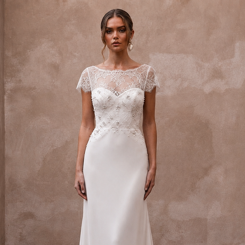 Romantic Chiffon Sheath Wedding Dress with Short Sleeves - Apparel & Accessories > Clothing > Wedding & Bridal Party Dresses > Wedding Dresses - Mignonette Bridal