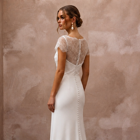Romantic Chiffon Sheath Wedding Dress with Short Sleeves - Apparel & Accessories > Clothing > Wedding & Bridal Party Dresses > Wedding Dresses - Mignonette Bridal
