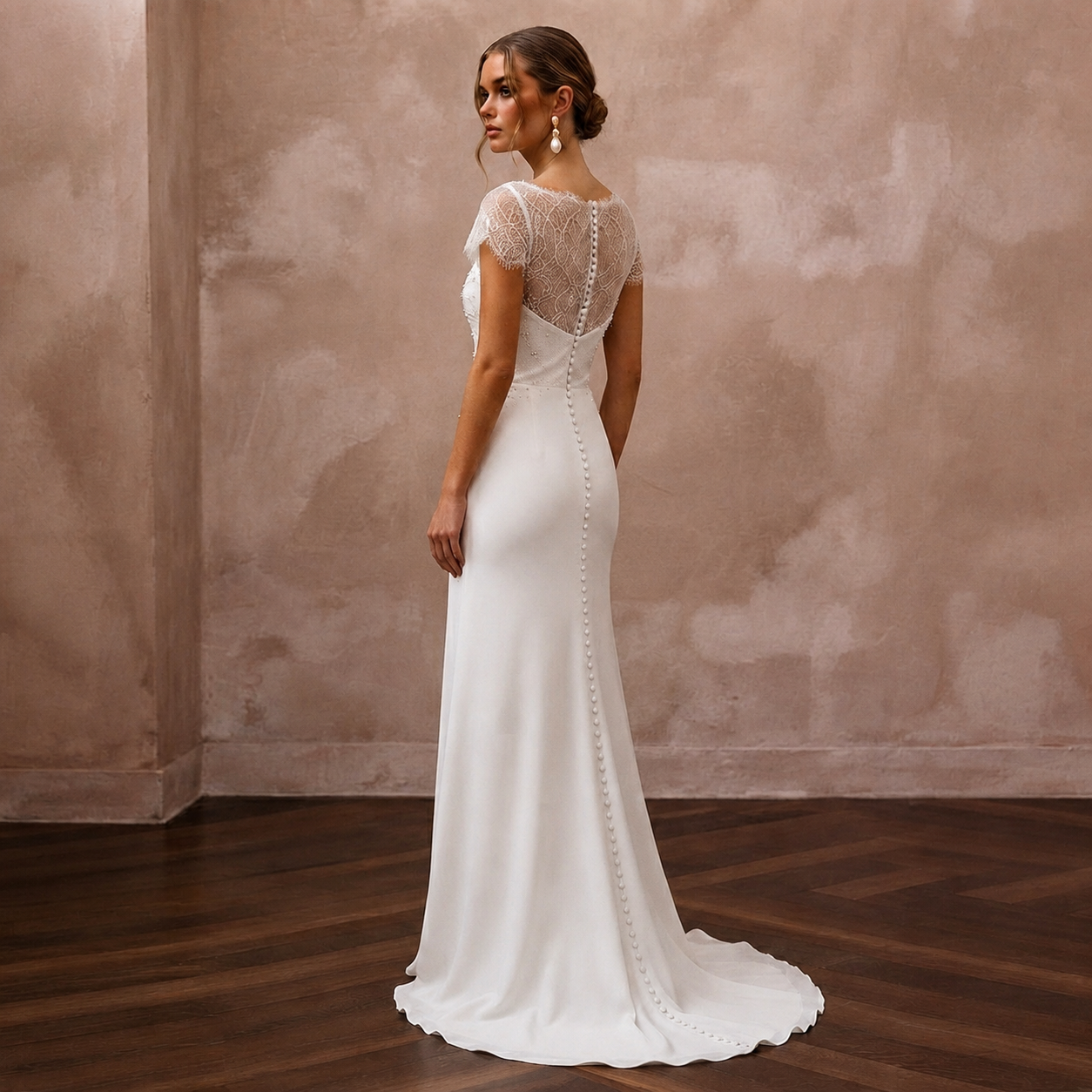 Romantic Chiffon Sheath Wedding Dress with Short Sleeves - Apparel & Accessories > Clothing > Wedding & Bridal Party Dresses > Wedding Dresses - Mignonette Bridal